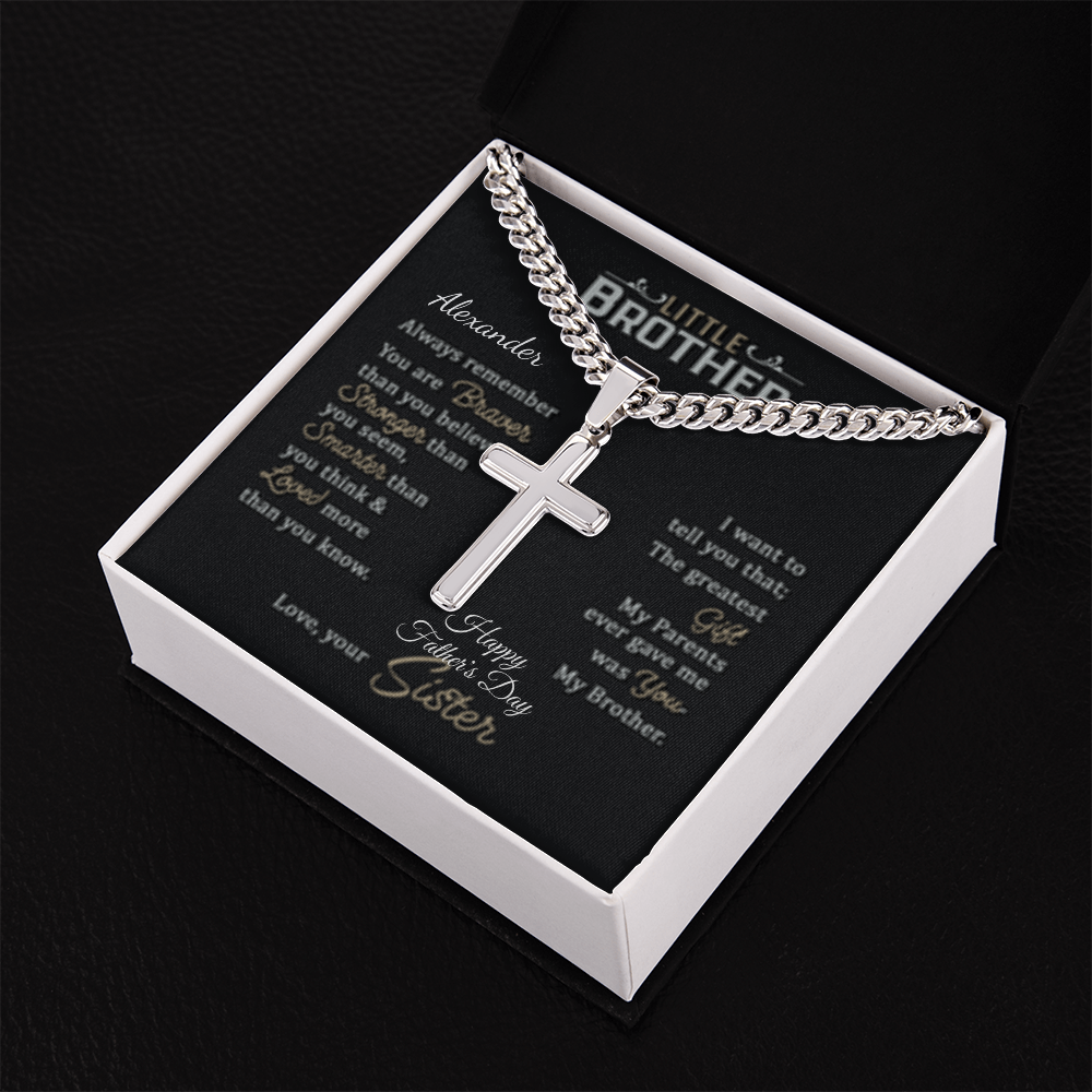 LITTLE BROTHER (ENGRAVE his name & OCCASION) (HFD or ANY OCCASION) & OPTION to personalize cross)