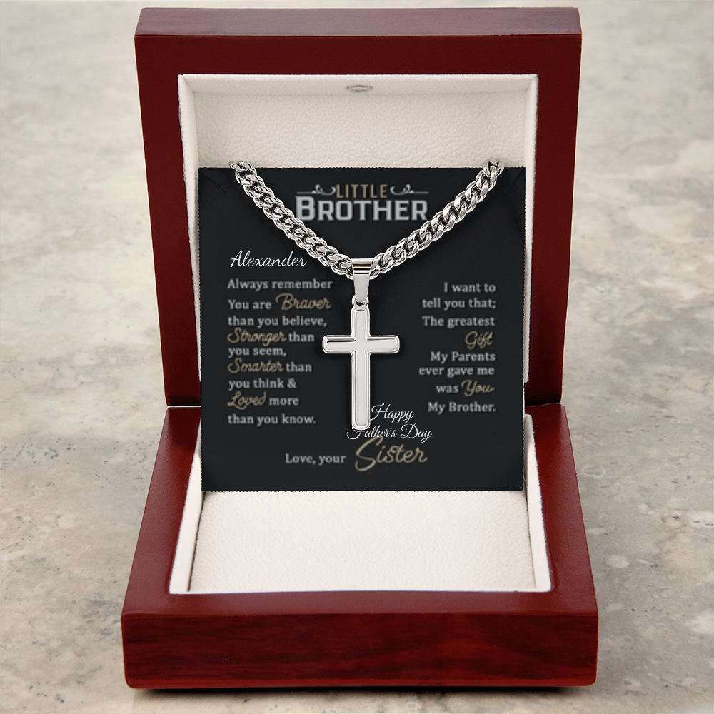 LITTLE BROTHER (ENGRAVE his name & OCCASION) (HFD or ANY OCCASION) & OPTION to personalize cross)