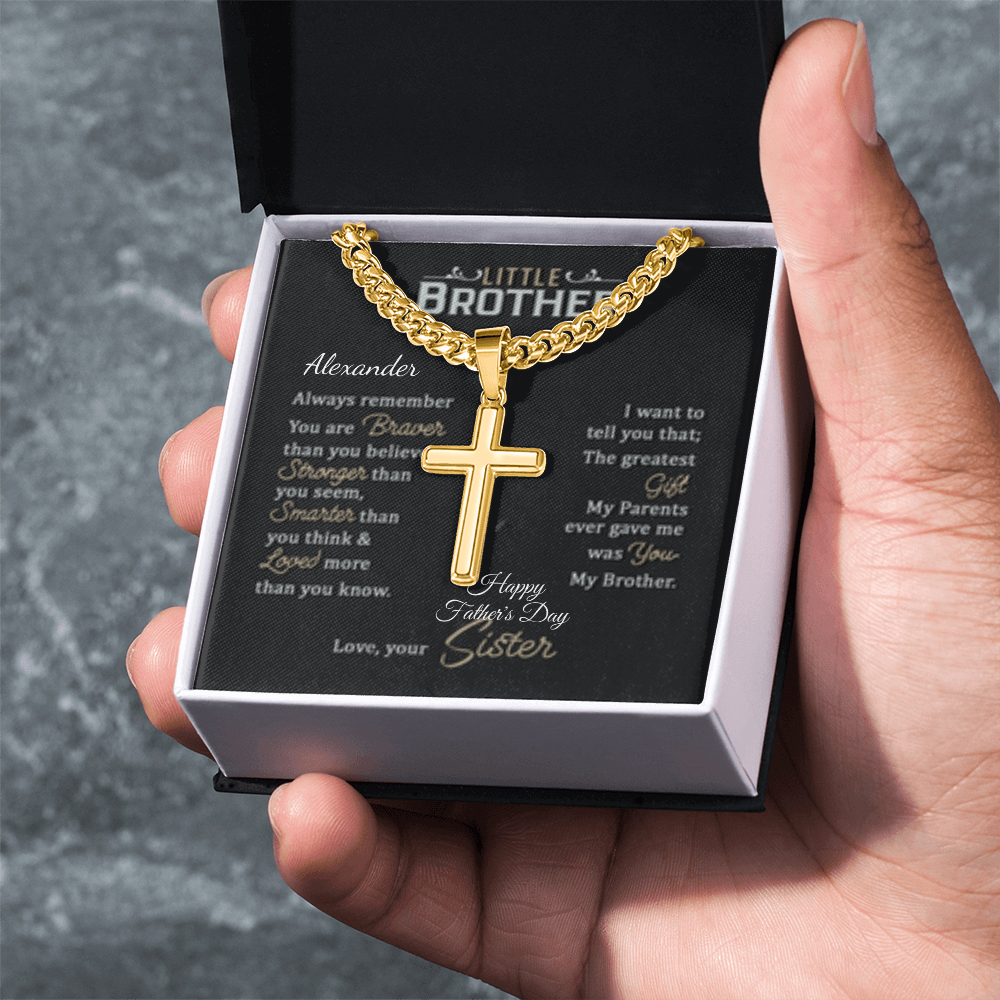 LITTLE BROTHER (ENGRAVE his name & OCCASION) (HFD or ANY OCCASION) & OPTION to personalize cross)