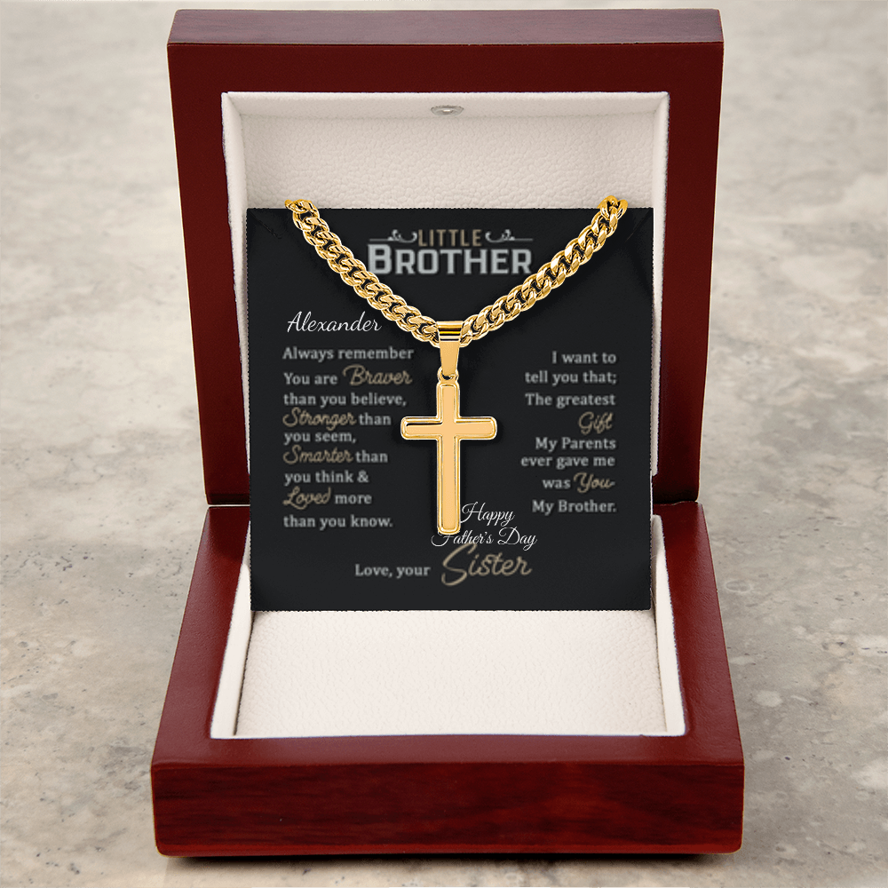 LITTLE BROTHER (ENGRAVE his name & OCCASION) (HFD or ANY OCCASION) & OPTION to personalize cross)