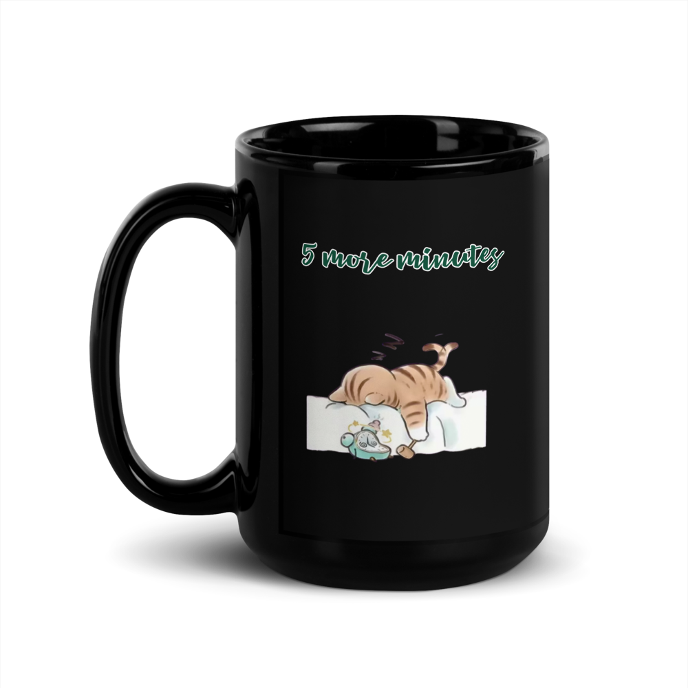 🐱 “5 More Minutes” Black Glossy Cat Mug