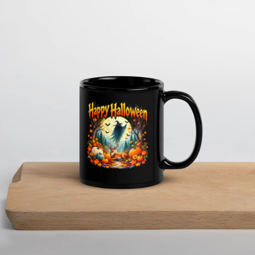 Spooky Enchanted Forest Halloween – Ghostly Witch & Autumn Magic Black Glossy Mug