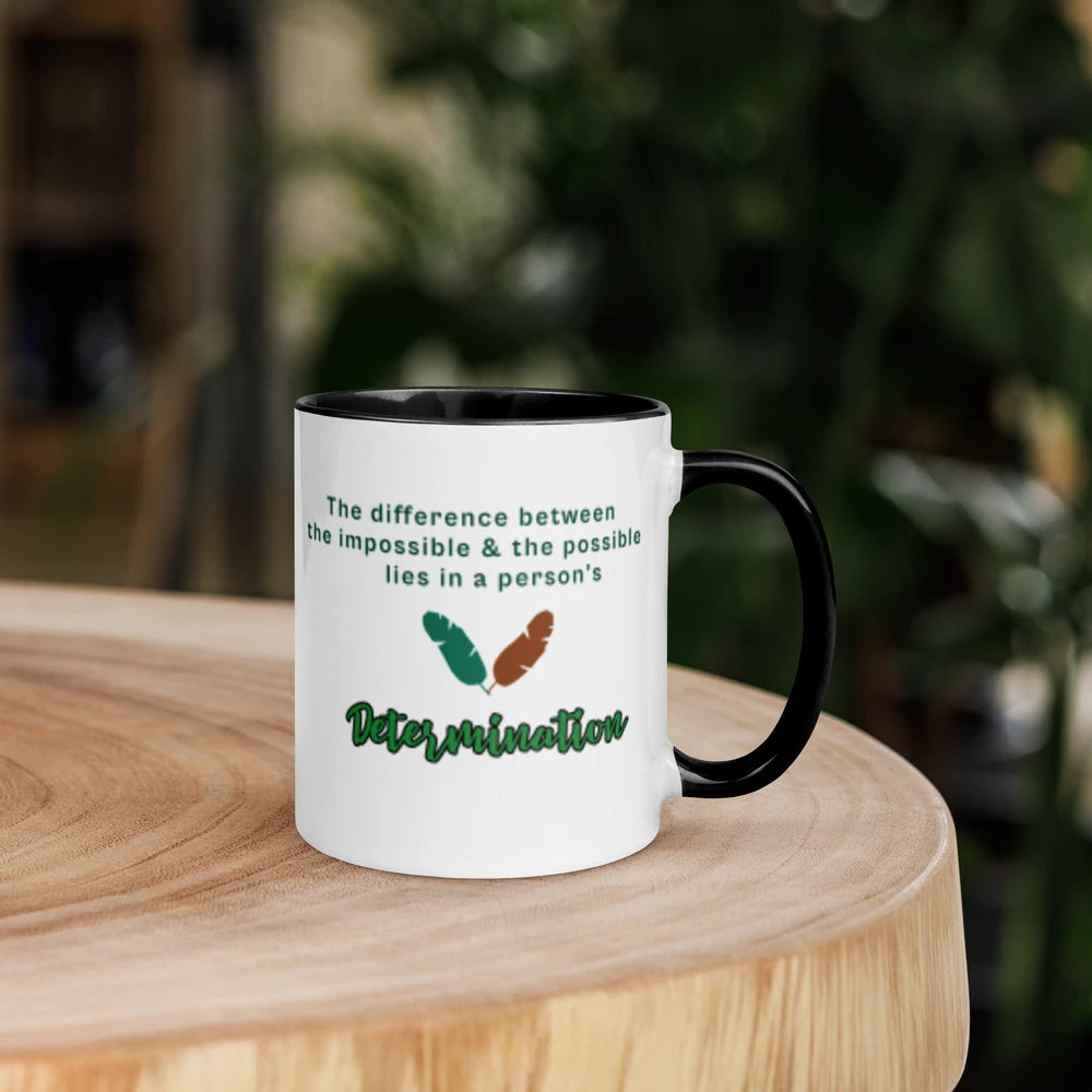 “Determination” Inspirational White Ceramic Mug with Color Inside
