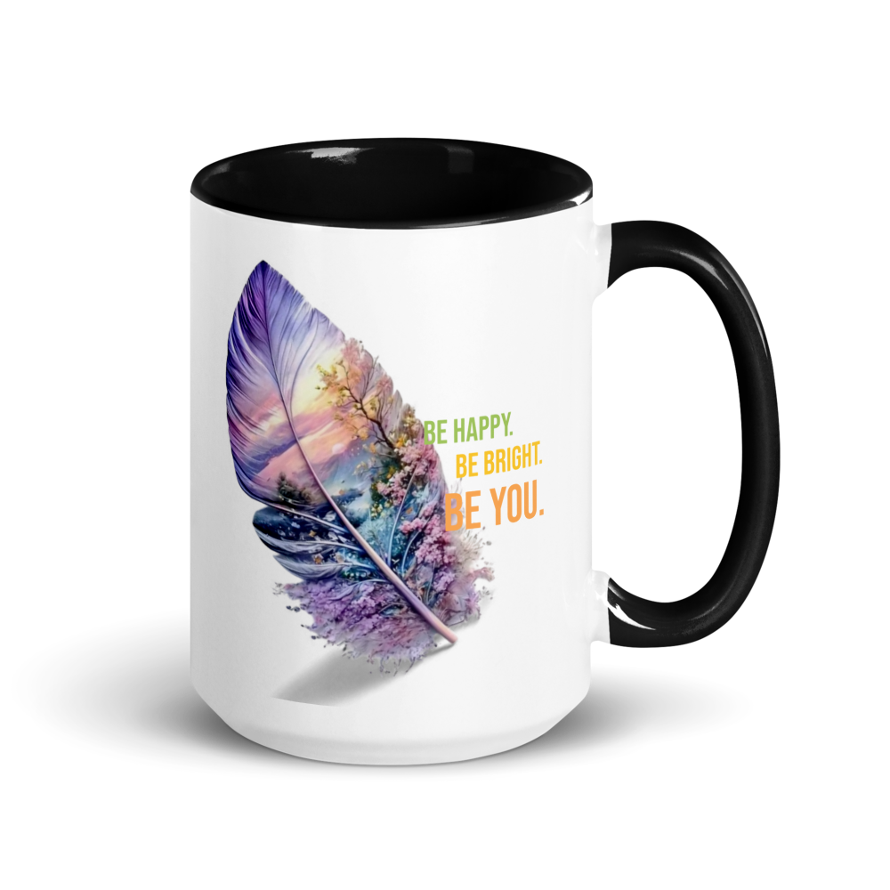 🌈 Inspirational Feather Mug – “Be Happy. Be Bright. Be You.” with Color Inside