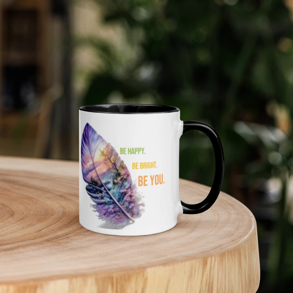 🌈 Inspirational Feather Mug – “Be Happy. Be Bright. Be You.” with Color Inside