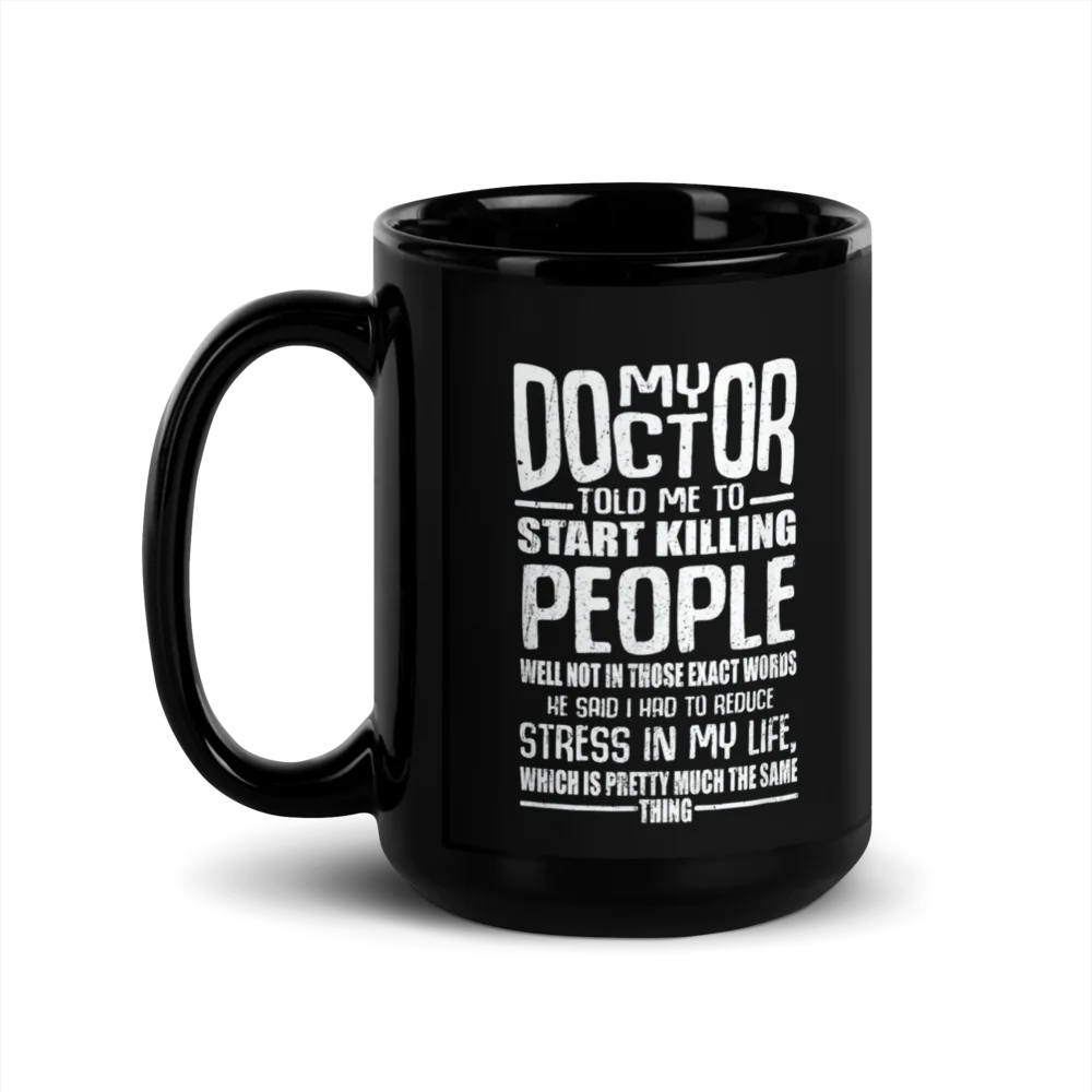 Black mug with white text on a white background