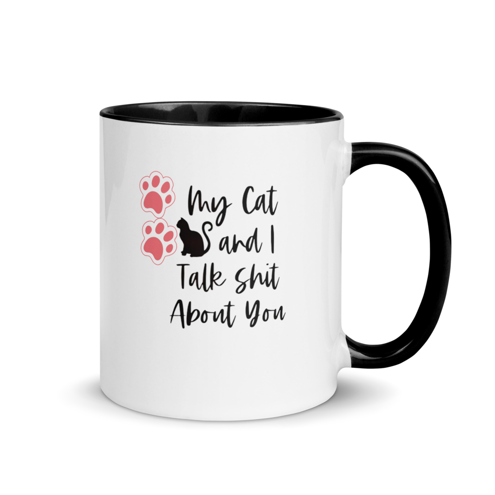 "Cat Paw Prints Gossip" White Ceramic Mug with Color Inside