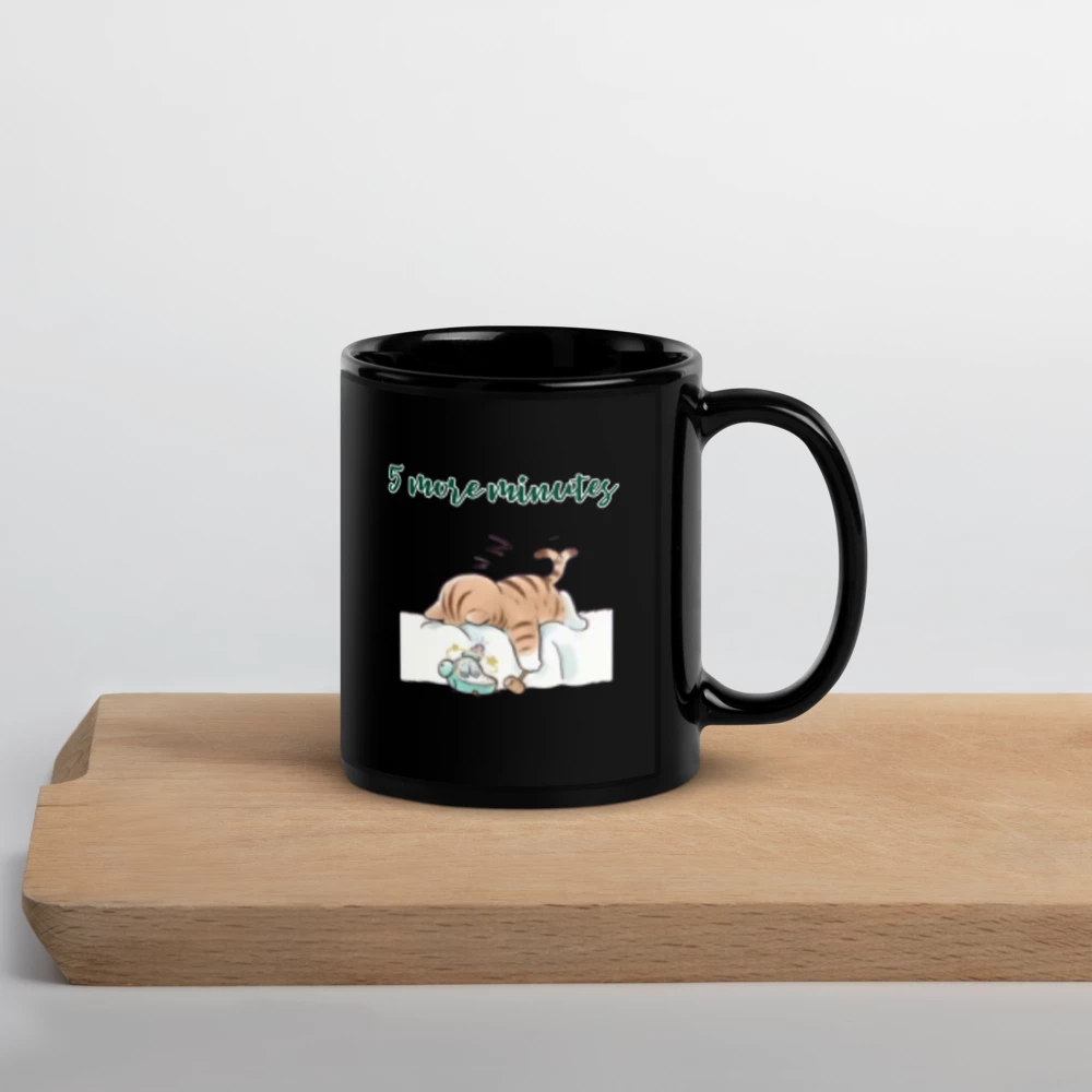 🐱 “5 More Minutes” Black Glossy Cat Mug