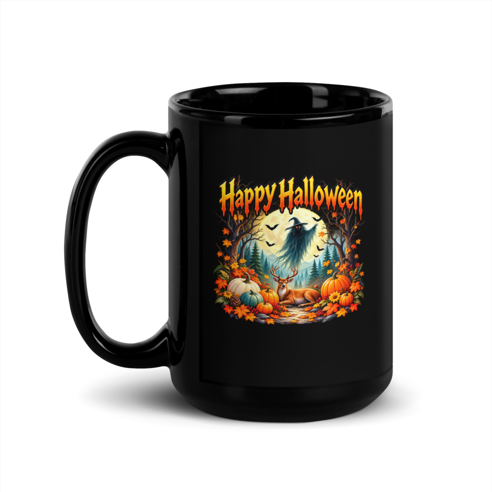 Spooky Enchanted Forest Halloween – Ghostly Witch & Autumn Magic Black Glossy Mug