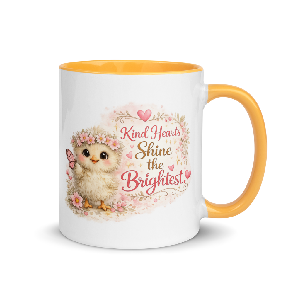 CHICK - "Kind Hearts Shine the Brightest" White Ceramic Mug with Color Inside