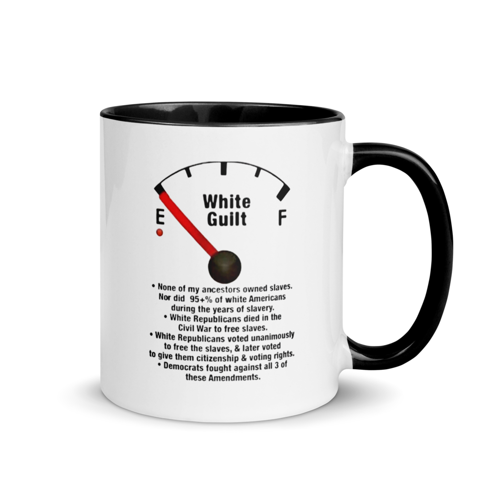 "Empty White Guilt (Fuel Gauge)" White Ceramic Mug with Color Inside
