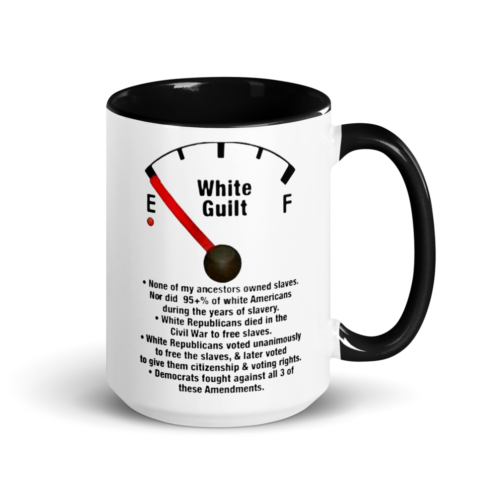 "Empty White Guilt (Fuel Gauge)" White Ceramic Mug with Color Inside