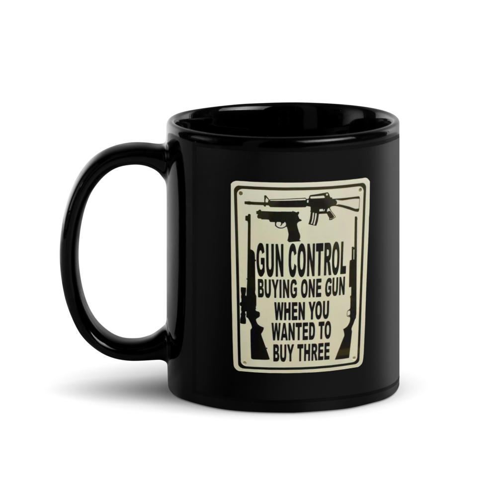 “Gun Control” Vintage-Style Black Glossy Mug