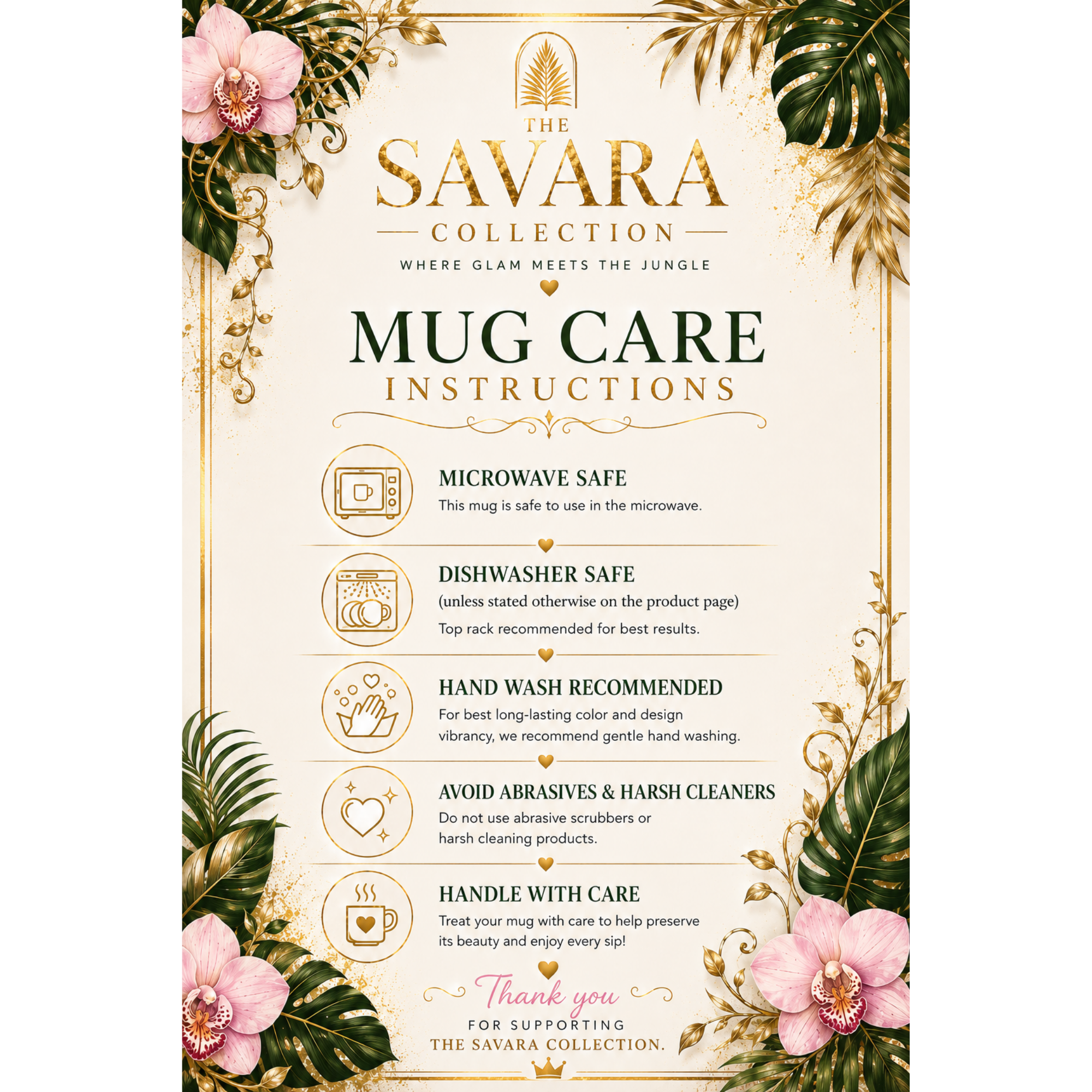 Mug care instructions card from the Savara Collection with floral and leaf decorations.