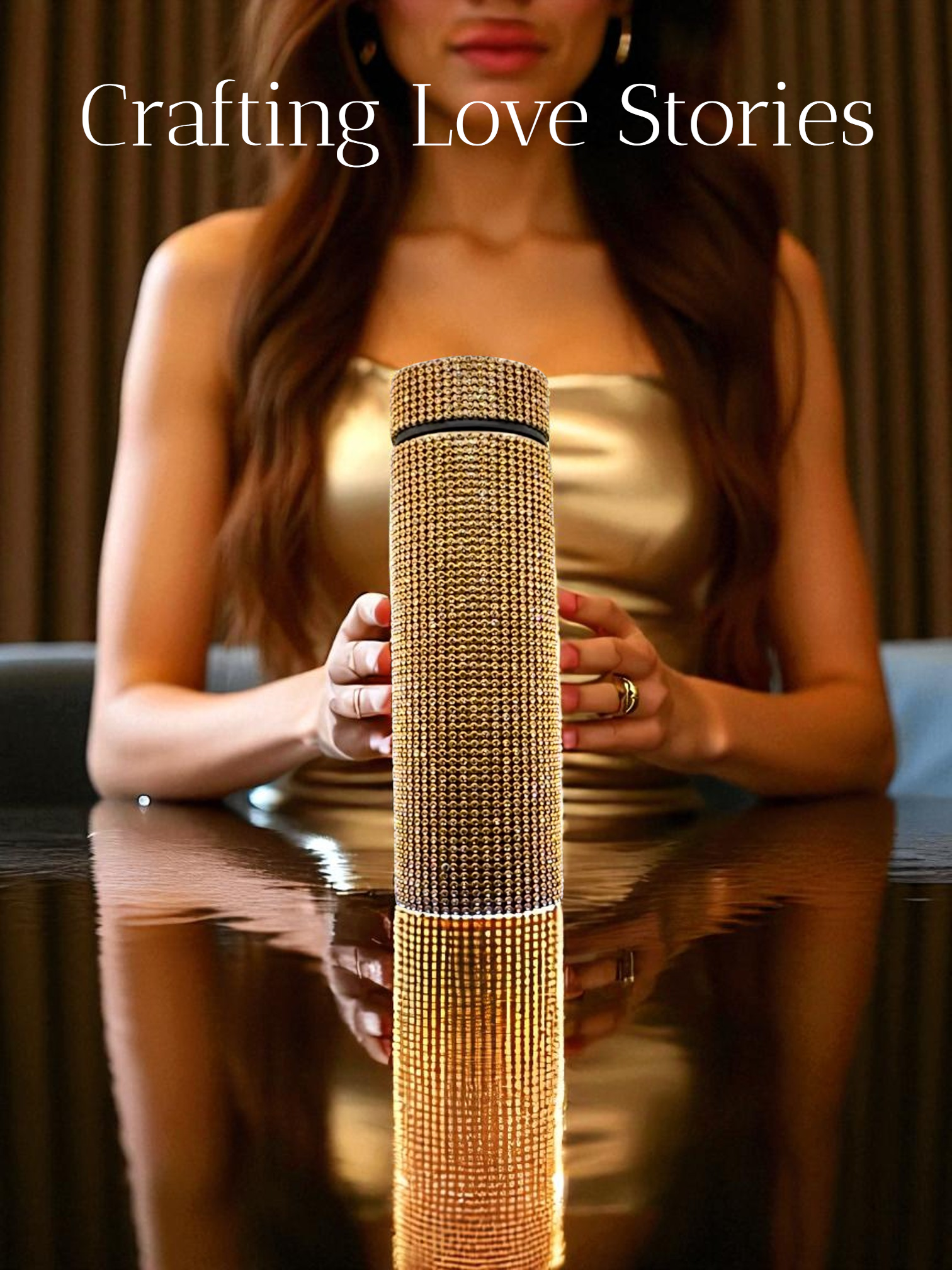 elegant lady holding a gold tumbler rhinestone water bottle with 'Crafting Love Stories' text above.