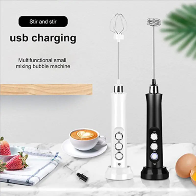 Multifunctional small mixing bubble machine with USB charging feature on a marble surface.