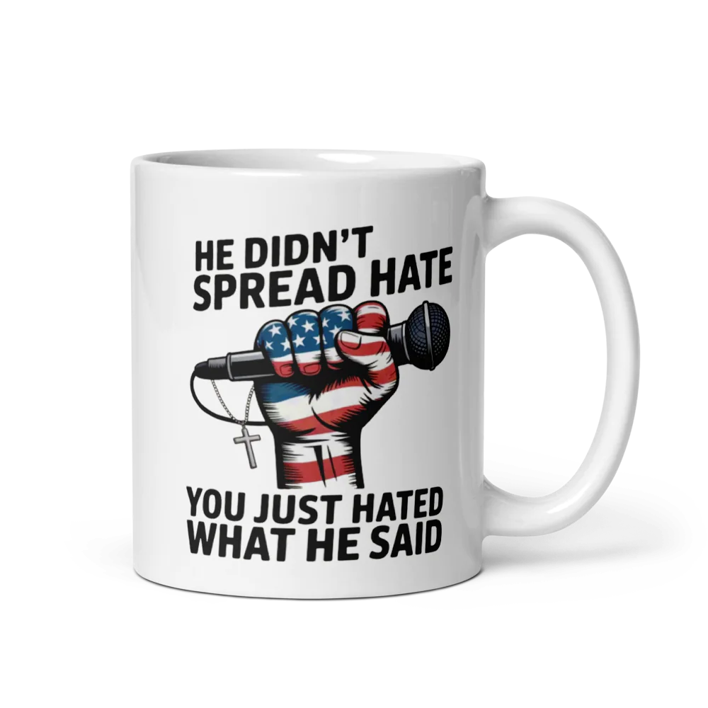 Mug with American flag fist holding a microphone and text on a white background