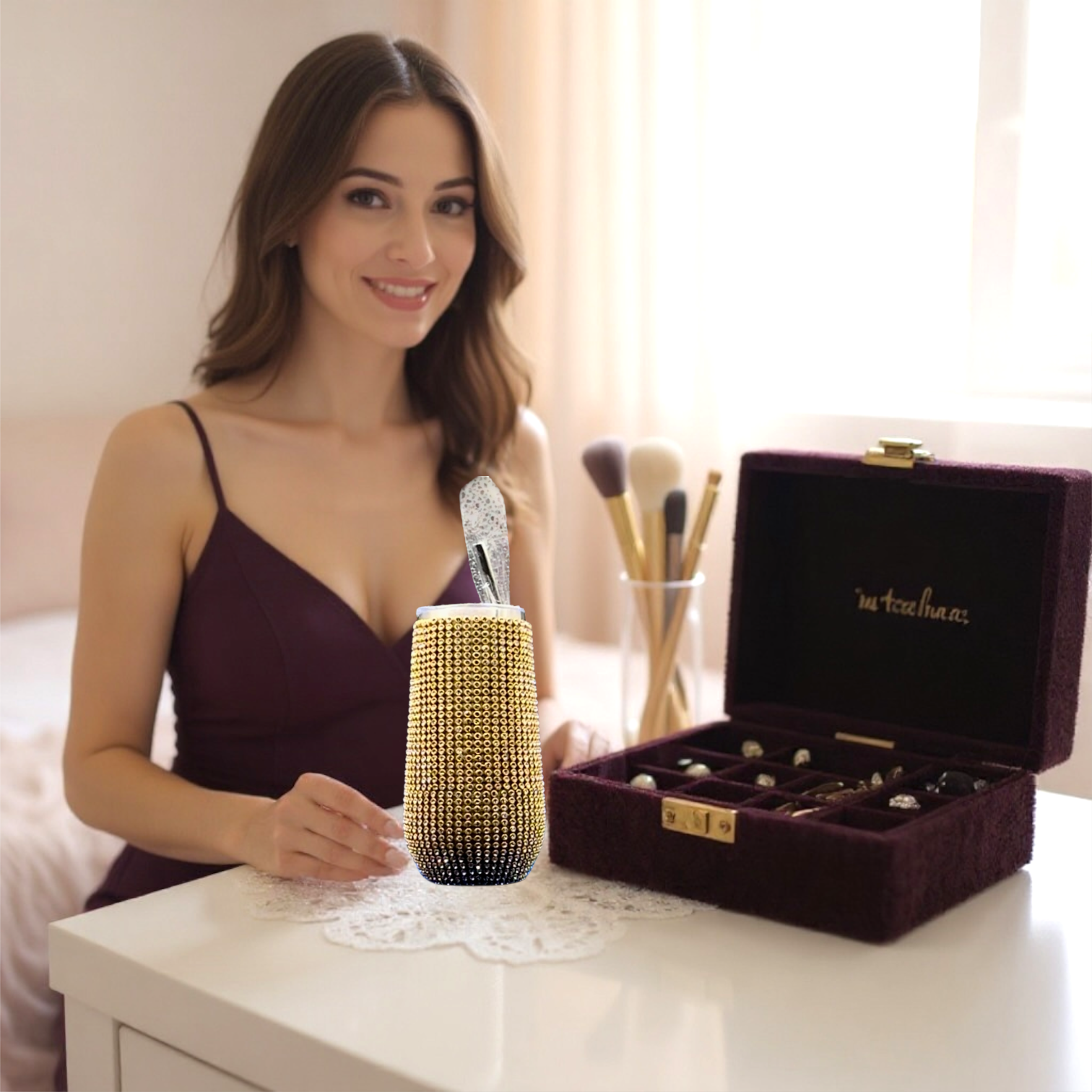 elegant lady in a bedroom with a gold rhinestone wine cup