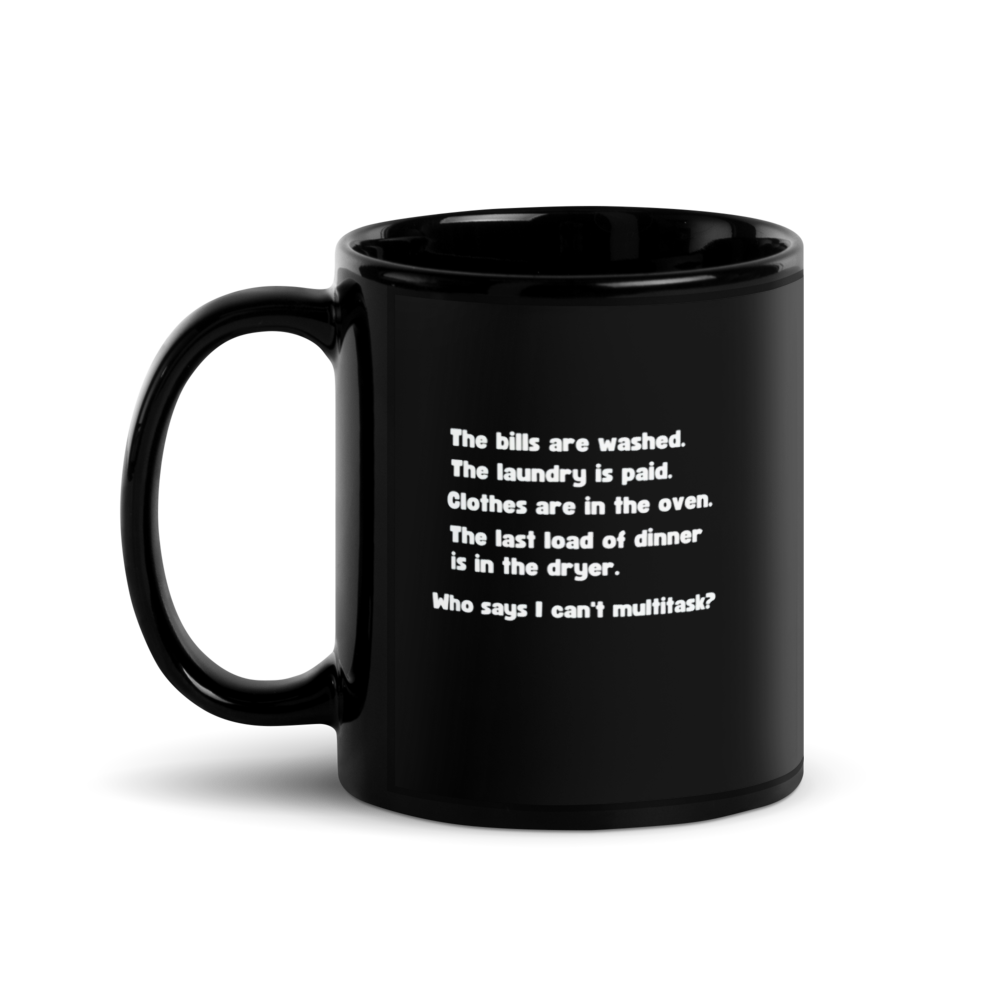 Black mug with white text