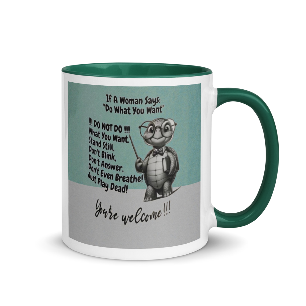 Mug with cartoon character and humorous text on a white background