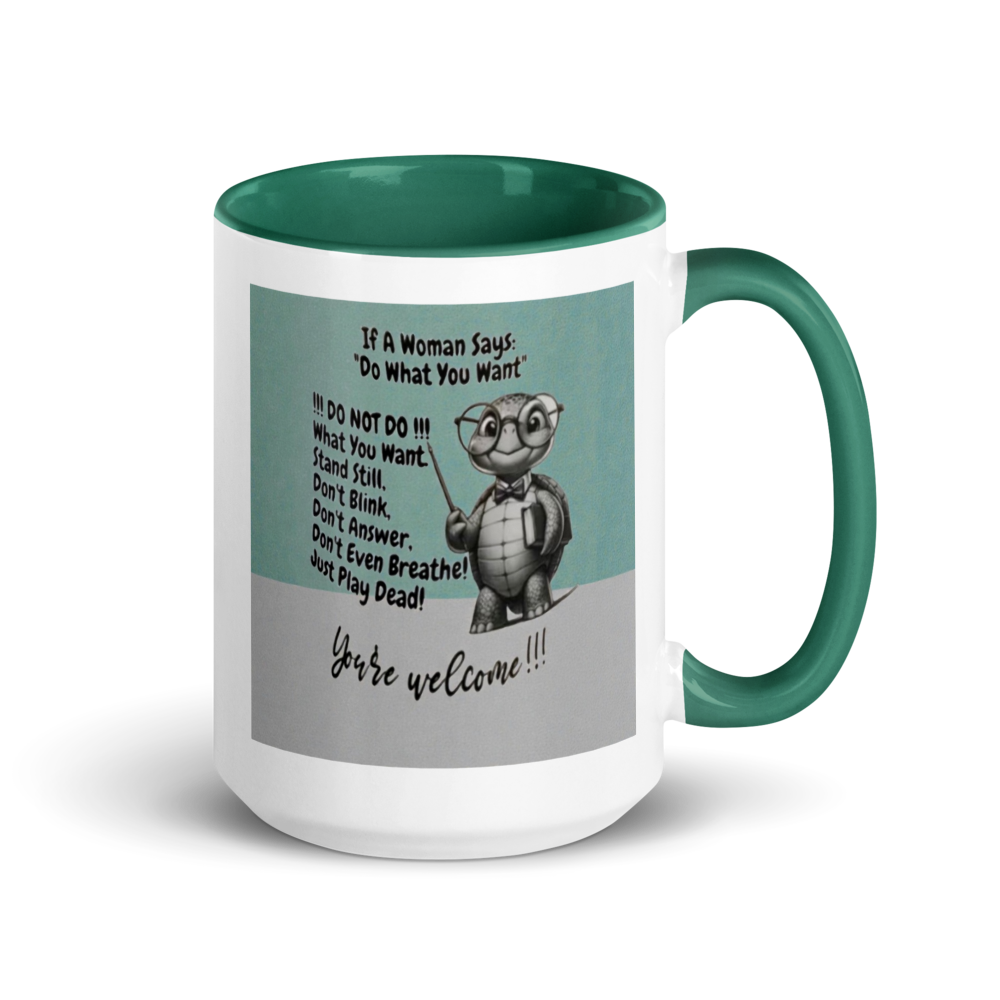Mug with a cartoon character and humorous text on a white background